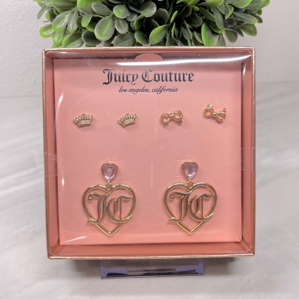 NEW Juicy Couture 3 Pair Earring Set Gold Pink Heart Crown Bow Monogram‎